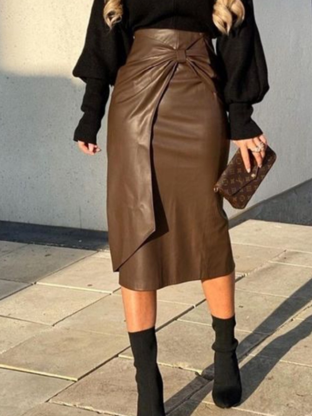 Zara Faux Brown Leather Knot Bow Front Midi Skirt High Waist Wrap